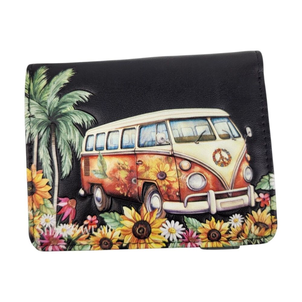 Shagwear Zippered Bifold Wallet Vegan Leather VW Bus Hippie Beach - Picture 2 of 8